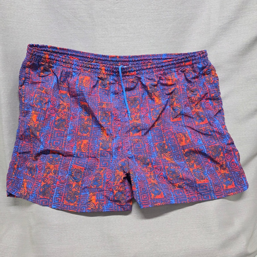Vintage Pro Spirit Mens Swim Trunks Tiki Tribal‎ Geometric Print Blue Red 37"